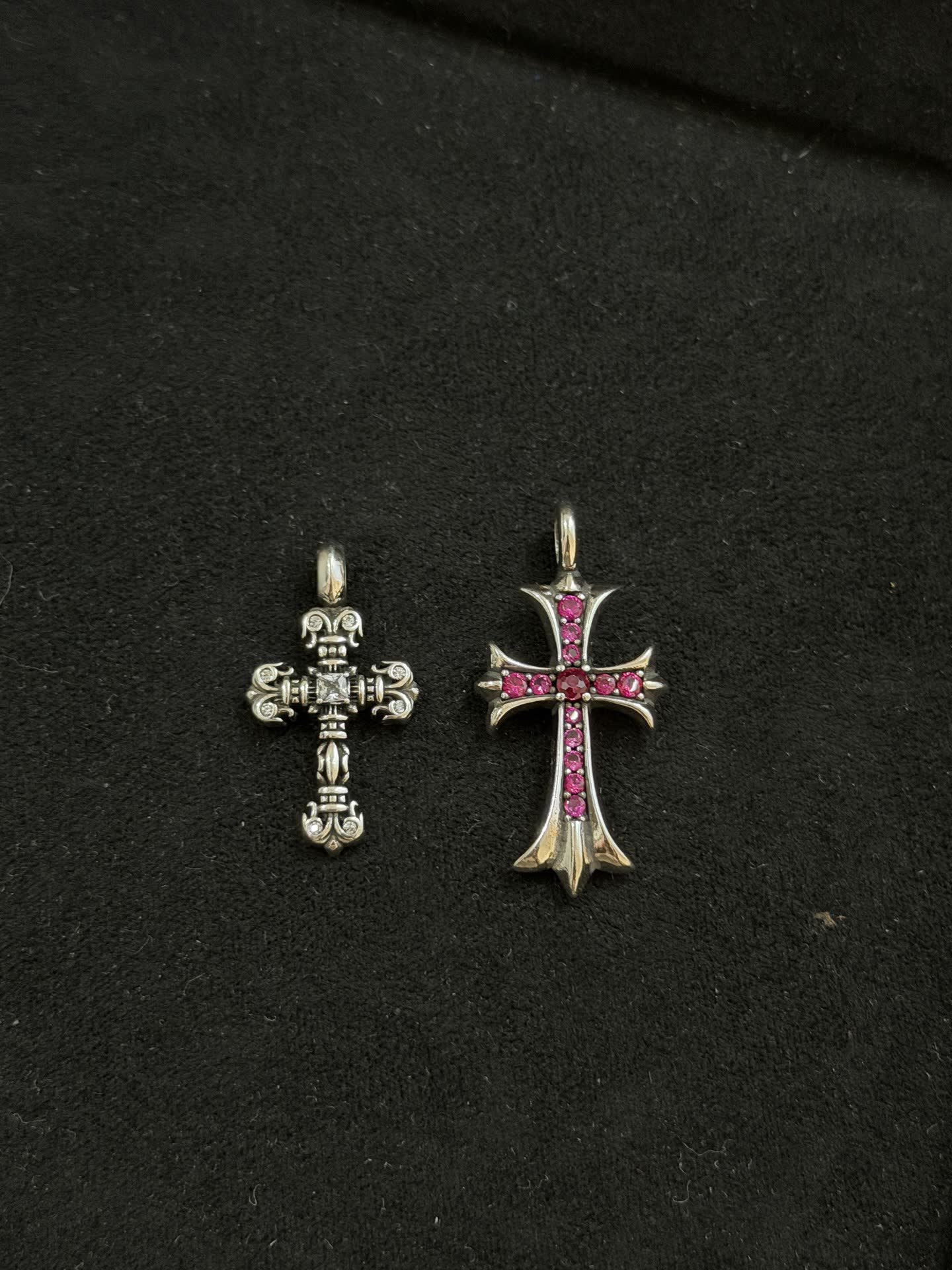 Chrome Hearts Silver Cross Pendant with Pink Stones